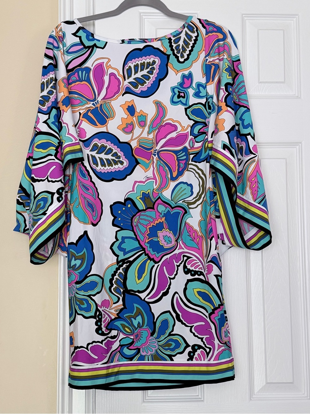 Trina Turk Floral Dress Multicolor Knit Mini Tunic Tulip Sleeve Size XS